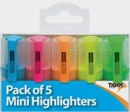 Tiger 5 Pack Mini Highlighters